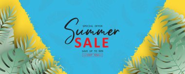 Tropikal yaprak temalı zarif yaz indirimi afişi