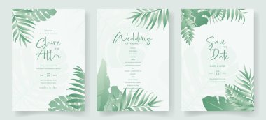 Tropikal yaprak süslemeli düğün davetiyesi tasarımı