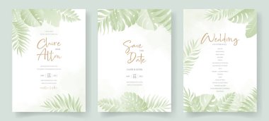 Tropikal yaprak süslemeli yaz düğün kartı tasarımı