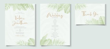 Tropikal yaprak süslemeli yaz düğün kartı tasarımı