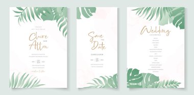 Tropikal yaprak süslemeli düğün davetiyesi tasarımı