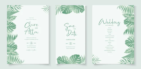 Conception Invitation Mariage Avec Ornement Feuille Tropicale — Image vectorielle