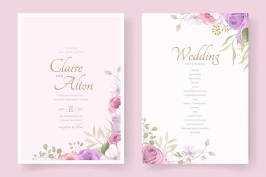 Zarif bir düğün kartı şablonu. Yumuşak çiçekli ve yapraklı.
