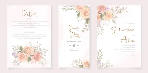 Schöne Weiche Florale Und Blätter Hochzeitseinladungskarte Design — Stockvektor