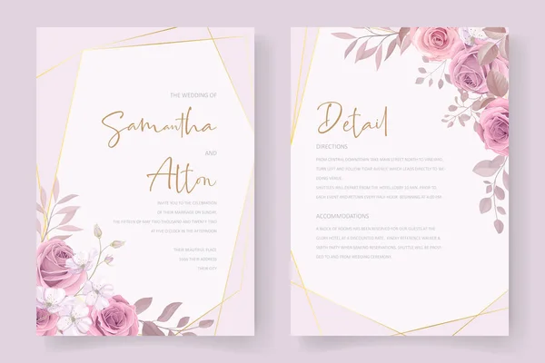 Schöne Weiche Florale Und Blätter Hochzeitseinladungskarte Design — Stockvektor