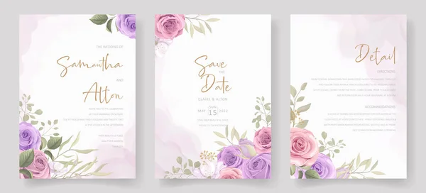 Weiche Florale Und Blätter Hochzeitseinladungskarte Design — Stockvektor