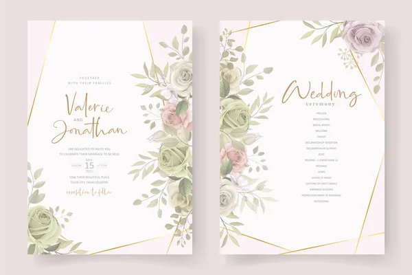 Weiche Florale Und Blätter Hochzeitseinladungskarte Design — Stockvektor