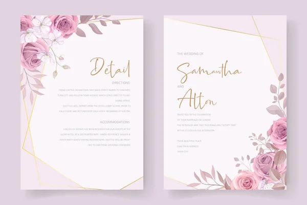 Gül ve yaprak süslemeli güzel düğün davetiyesi şablonu