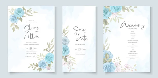 Plantilla Invitación Boda Con Diseño Floral Azul — Vector de stock