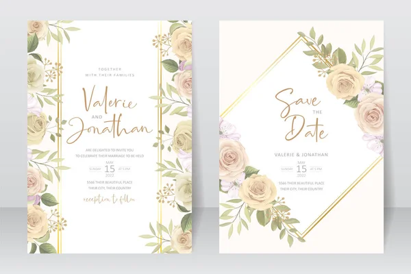 Hermosa Plantilla Tarjeta Invitación Boda Con Decoración Rosas Hojas — Vector de stock