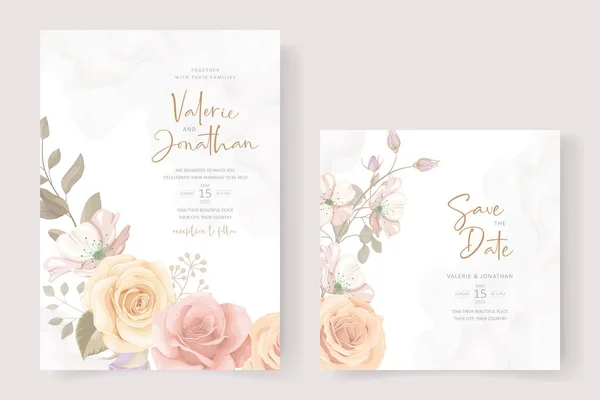 Magnifique Modèle Carte Invitation Mariage Avec Décoration Rose Feuille — Image vectorielle