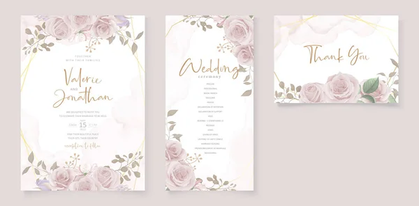 Elegante Hochzeitseinladungskarte Mit Handgezeichneten Weichen Blüten Und Blättern — Stockvektor