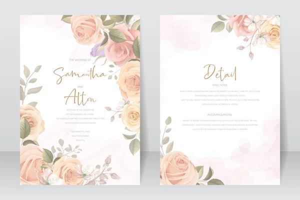 Elegante Hochzeitseinladungskarte Mit Handgezeichneten Weichen Blüten Und Blättern — Stockvektor