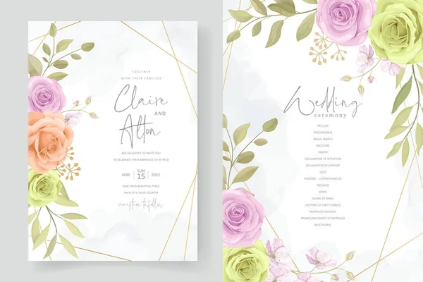 Elegante Tarjeta Invitación Boda Con Flor Suave Dibujada Mano Hojas — Vector de stock