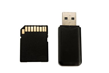 Beyaz arkaplanda SD hafıza kartı ve USB flash bellek