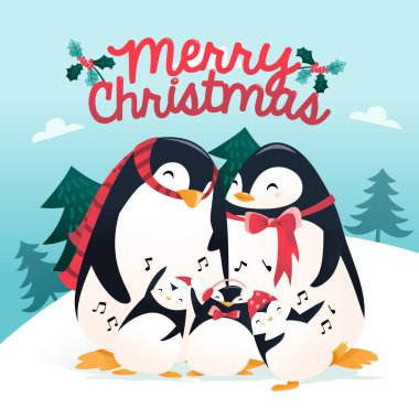 Kış manzarasında içinde mutlu noel tabiri olan süper sevimli penguen ailesinin vektör çizimi..