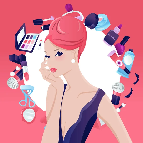 Vector Illustration Glamorous Chic Updo Hair Girl Beauty Makeup Accessories — Stock Vector