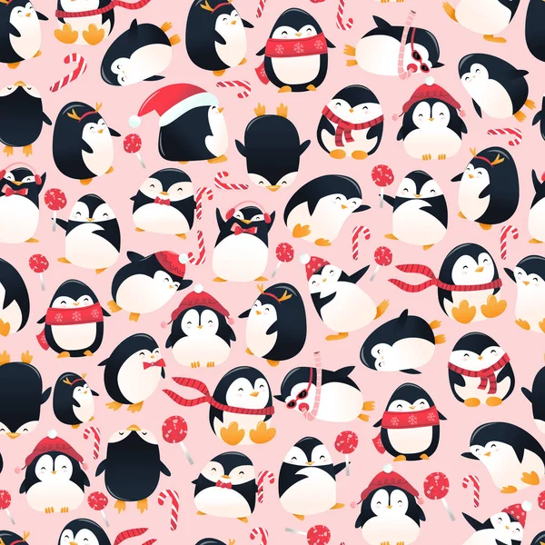 Vector Illustration Set Super Cute Cartoon Holiday Penguins Seamless Pattern — Stock Vector