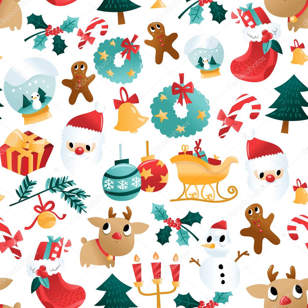 A cartoon vector illustration of christmas holiday seamless pattern background.