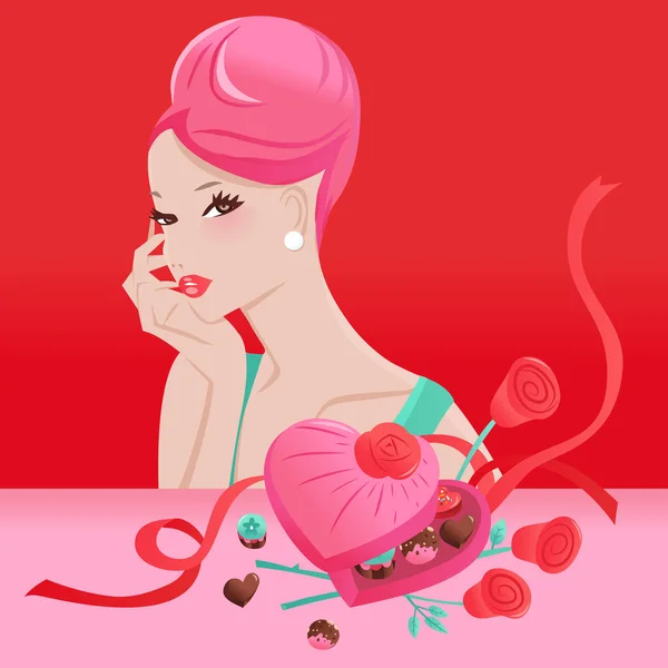 チョコレートとバラの箱とグラマラスシックなUpdo髪の女の子のベクトルイラスト — ストックベクタ