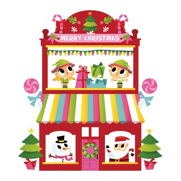 Cartone Animato Vettoriale Illustrazione Babbo Natale Renne Elfi Regali Casa — Vettoriale Stock