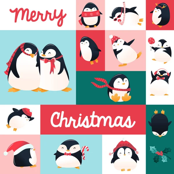 Vector Illustration Set Super Cute Cartoon Holiday Penguins Mosaic Grid — Stock Vector