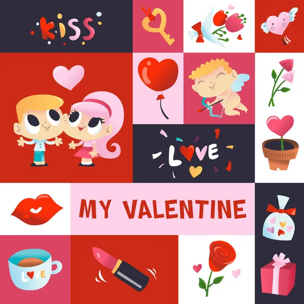 Cartoon Vector Illustration Various Super Cute Valentine Day Mosaic Decoration — Stock Vector