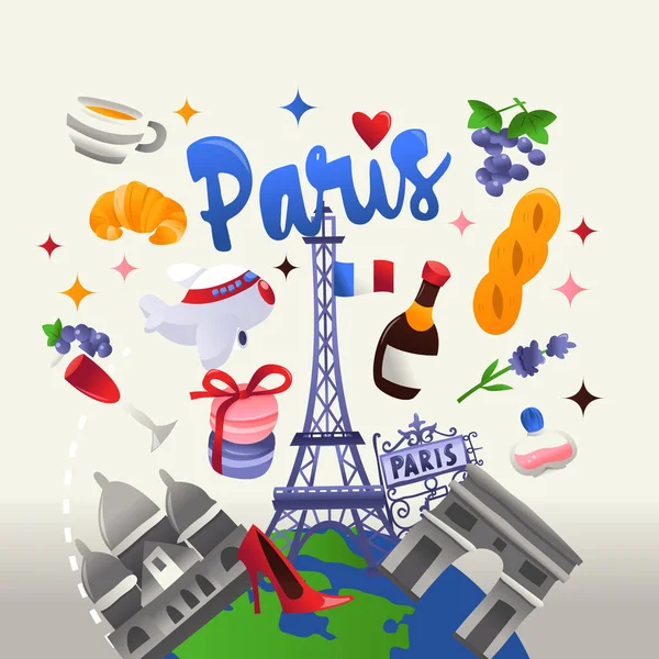 一个关于超级可爱的巴黎文化 地标和全球旅行的卡通矢量图解 — 图库矢量图片