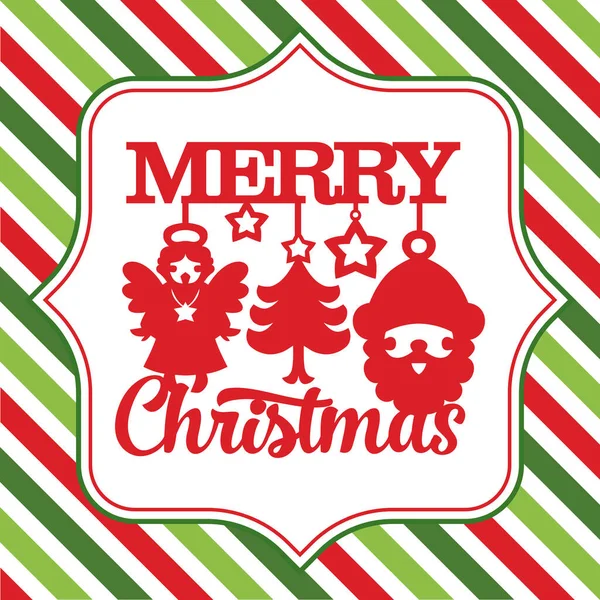 カラフルなクリスマスのテーマに対するかわいい紙カット天使 クリスマスツリーとサンタの装飾と陽気なクリスマスフレーズのベクトルイラスト緑と赤のストライプの背景 — ストックベクタ