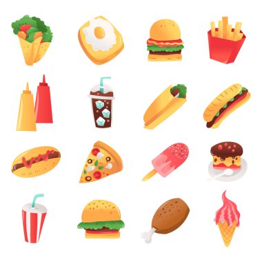 Hamburger, pizza, burrito ve daha fazlası gibi çeşitli süper eğlenceli fast food setlerinin çizgi film çizimi..