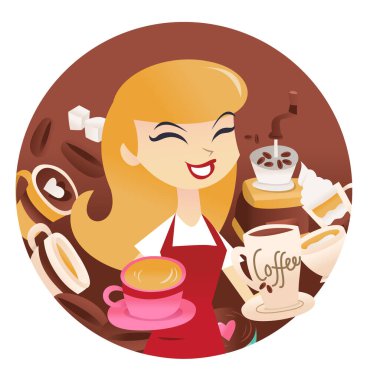 Yuvarlak çerçevede çeşitli kahve içen bir kafe sahibinin çizgi film çizimi..