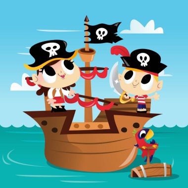 Süper sevimli bir korsan gemisi macera sahnesinin çizgi film çizimi. İki korsan çocuk korsan gemisinde ve bir papağan denizde yüzüyor..