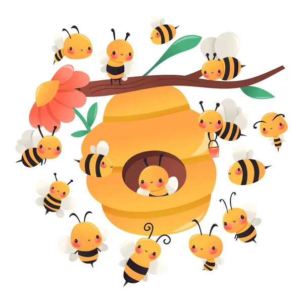 Cartoon Vector Illustration Various Cute Honey Bees Surrounding Giant Hive — Stock Vector