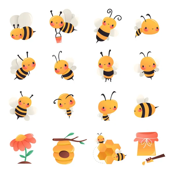 Karikatura Vektor Ilustrace Různých Včel Medu Různých Pózách Květináč Medu — Stockový vektor
