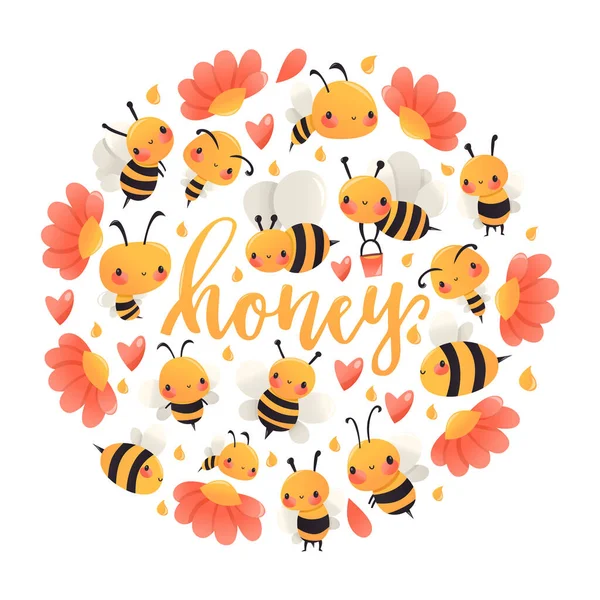 Eine Cartoon Vektor Illustration Verschiedener Honigbienen Und Blumen Runde Dekoration — Stockvektor