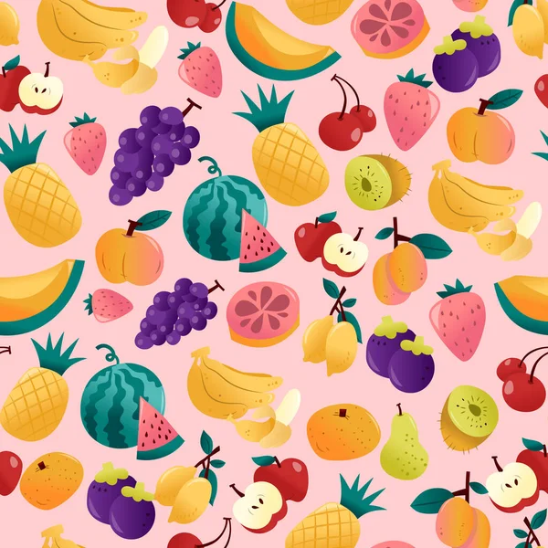 Cartoon Vector Illustration Various Fun Summer Fruits Seamless Pink Pattern — Stock Vector