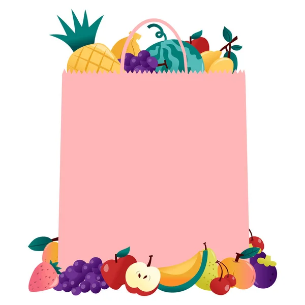 Cartoon Vector Illustration Various Fruits Pink Paper Bag Empty Copy — Stock Vector