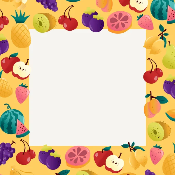 Uma Ilustração Vetorial Desenhos Animados Várias Divertidas Frutas Verão Quadro — Vetor de Stock