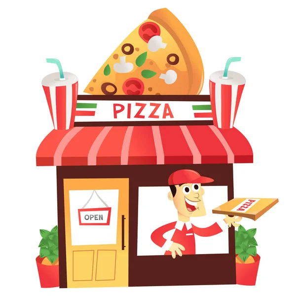 Cartoon Vector Illustration Fun Colorful Pizza Shop Delivery Man Window — Stock Vector