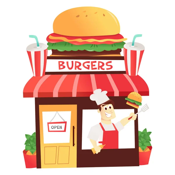 Eine Cartoon Vektor Illustration Eines Lustigen Bunten Burgerladens Mit Koch — Stockvektor