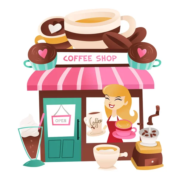 Cartoon Vector Illustration Coffee Shop Storekeeper Window — Stock Vector