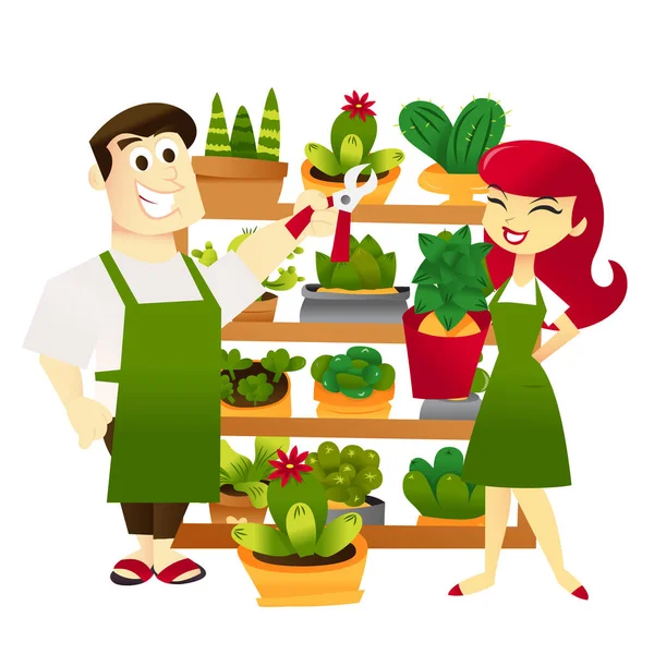 Cartoon Vector Illustration Male Storekeeper Girl Storekeeper Cactuses Other Plants — Stock Vector