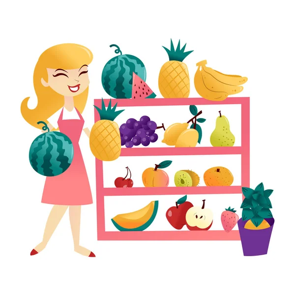 Cartoon Vector Illustration Storekeeper Fun Fruits Large Shelf — Stock Vector