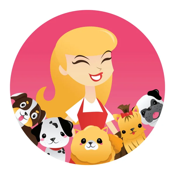 Een Cartoon Vector Illustratie Van Een Winkelier Met Schattige Puppies — Stockvector