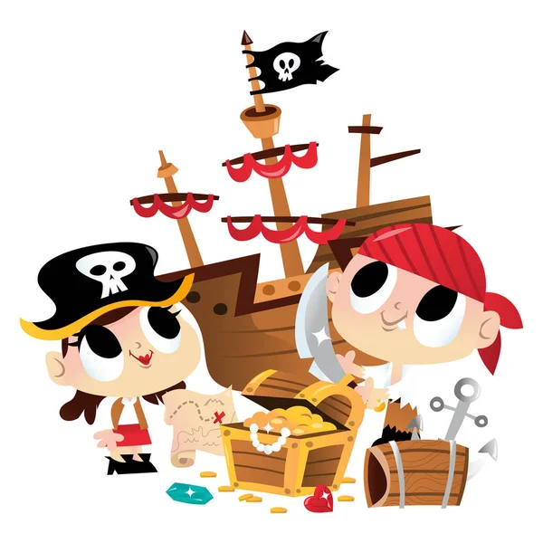 海賊の子供2人と海賊船と超かわいい宝探しの漫画のベクトルイラスト 彼らは背景から隔離されている — ストックベクタ