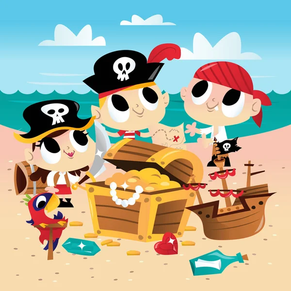 砂浜での超かわいい海賊の子供たちの漫画のベクトルイラスト 海賊船のおもちゃ オウムの前の砂浜に立っている海賊の3人の子供 — ストックベクタ