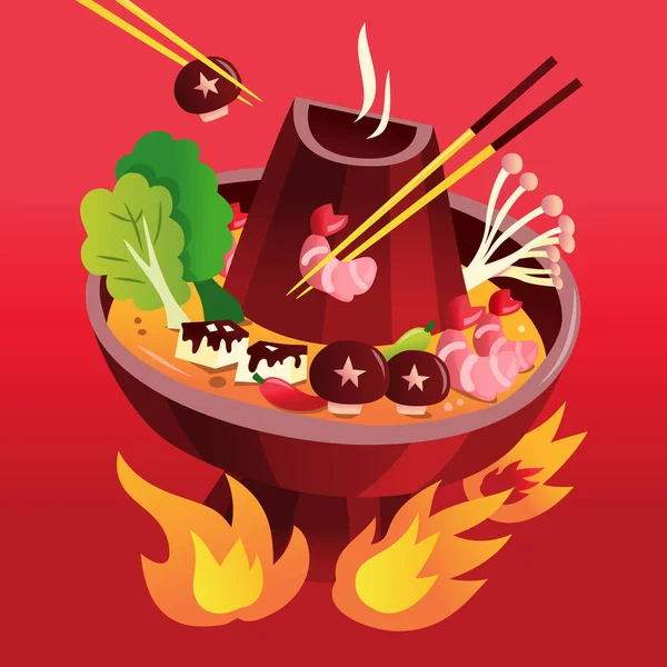 Cartoon Vector Illustration Festive Firery Hot Pot Dinner Red Background — Stock Vector