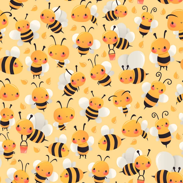 異なるポーズの様々なミツバチの漫画ベクトルイラストシームレスなパターン黄色のベースの背景 — ストックベクタ