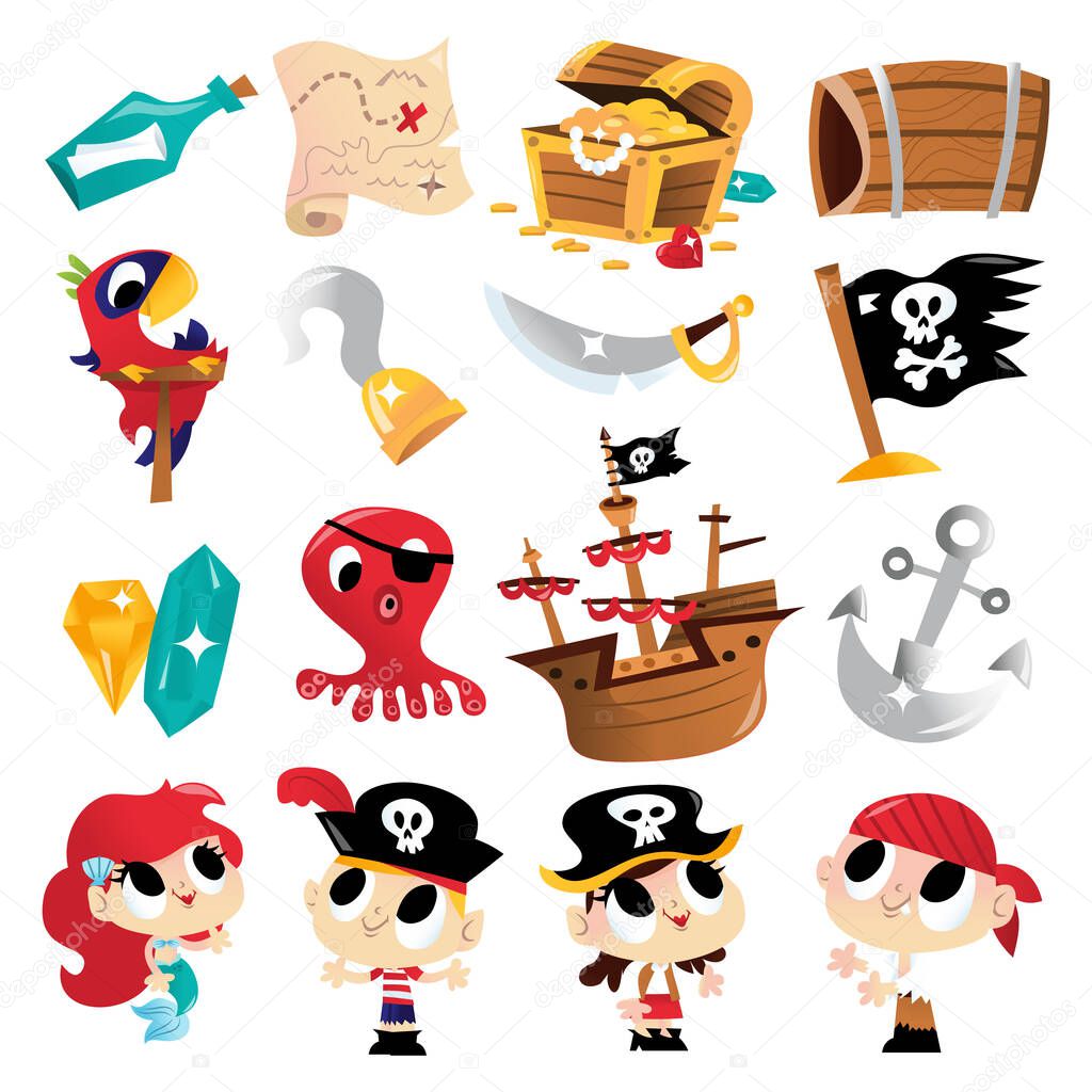 A cartoon vector illustration of various super cute pirate adventure theme characters and designs like pirate kids, treasure chest, mermaid and more.