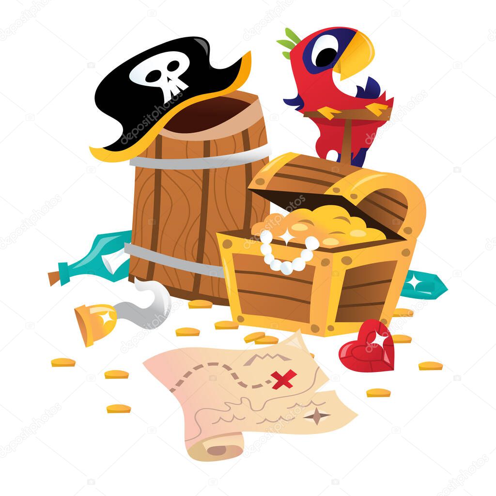 A cartoon vector illustration of super cute pirate treasure chest with pirate hat, parrot and a map. They are isolated from the background.